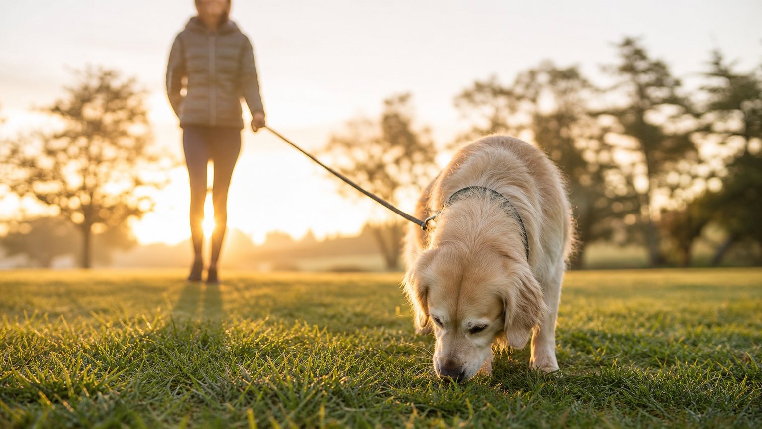 Chien anxieux en promenade calme pendant une routine apaisante